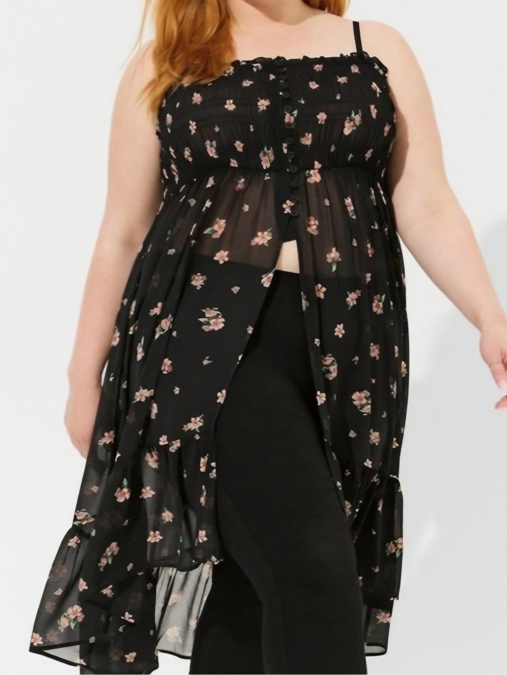 NWOT Torrid Black Chiffon Sleeveless Tunic w/ Pink Floral Size 2 (18/20)